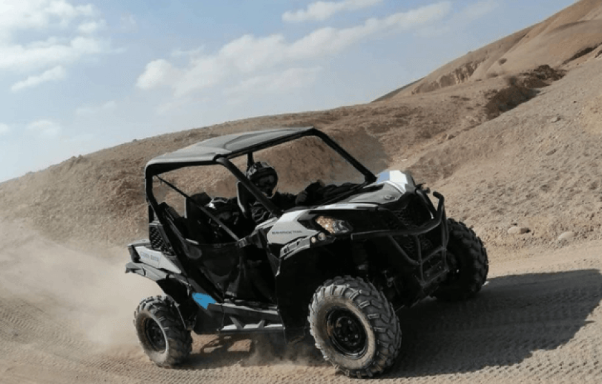 Buggy et dromadaire au coucher du soleil au désert d’Agafay